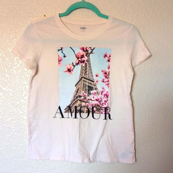 Old Navy White Tee with Eiffel Tower and Pink Blossoms - Picture 2 of 9